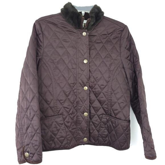 Charter Club Barn Coat Quilted Petite Small Brown Faux Fur Collar Jacket Casual - Picture 1 of 4